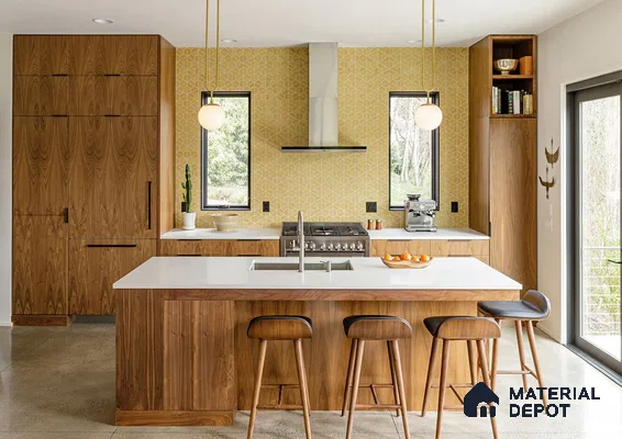 A kitchen with wooden cabinets and white counter tops, along with an island in the middle of the middle of the room with wood flooring and white cabinets and white counter tops is lit by recessed lighting hanging from